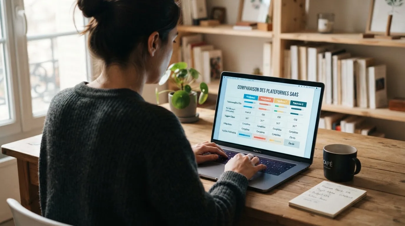 Tableau comparatif sur ordinateur portable classant plusieurs sites par colonnes de caractéristiques.